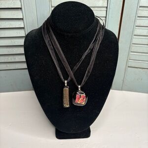 Two Handmade Artist Signed Dichroic Glass Pendant Necklaces on Black Ribbon